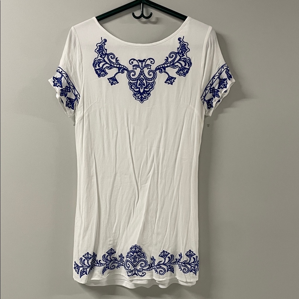 Elegant White and Blue Embroidered Women's Top
